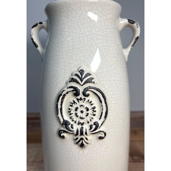 Vintage-Inspired White Ceramic Vase With Handles Embossed Floral Design Large - Picture 2 of 6